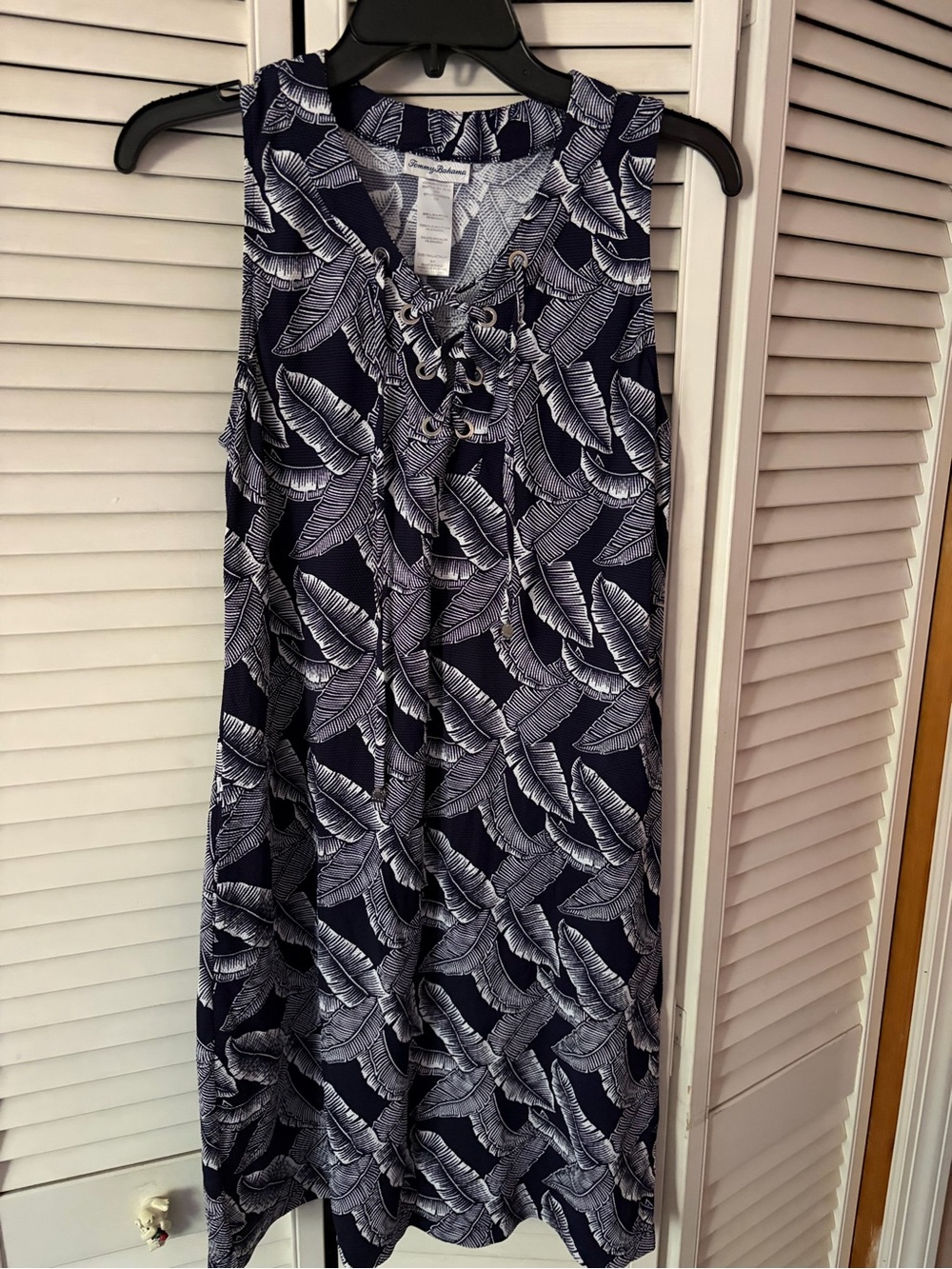 Tommy Bahama Navy and White Lace-Up Banana Leaf-Print Mini Dress